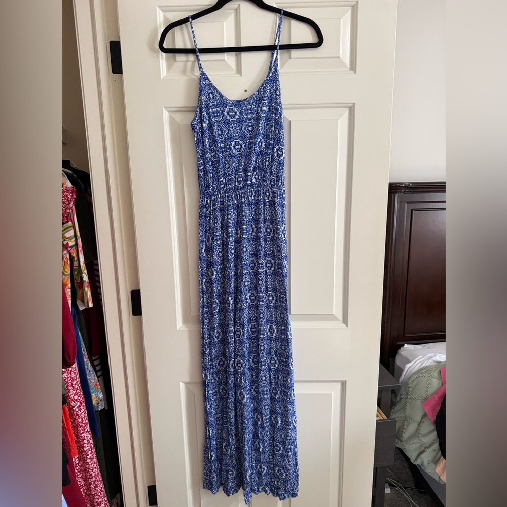Lush Blue and White Patterned Maxi Dress